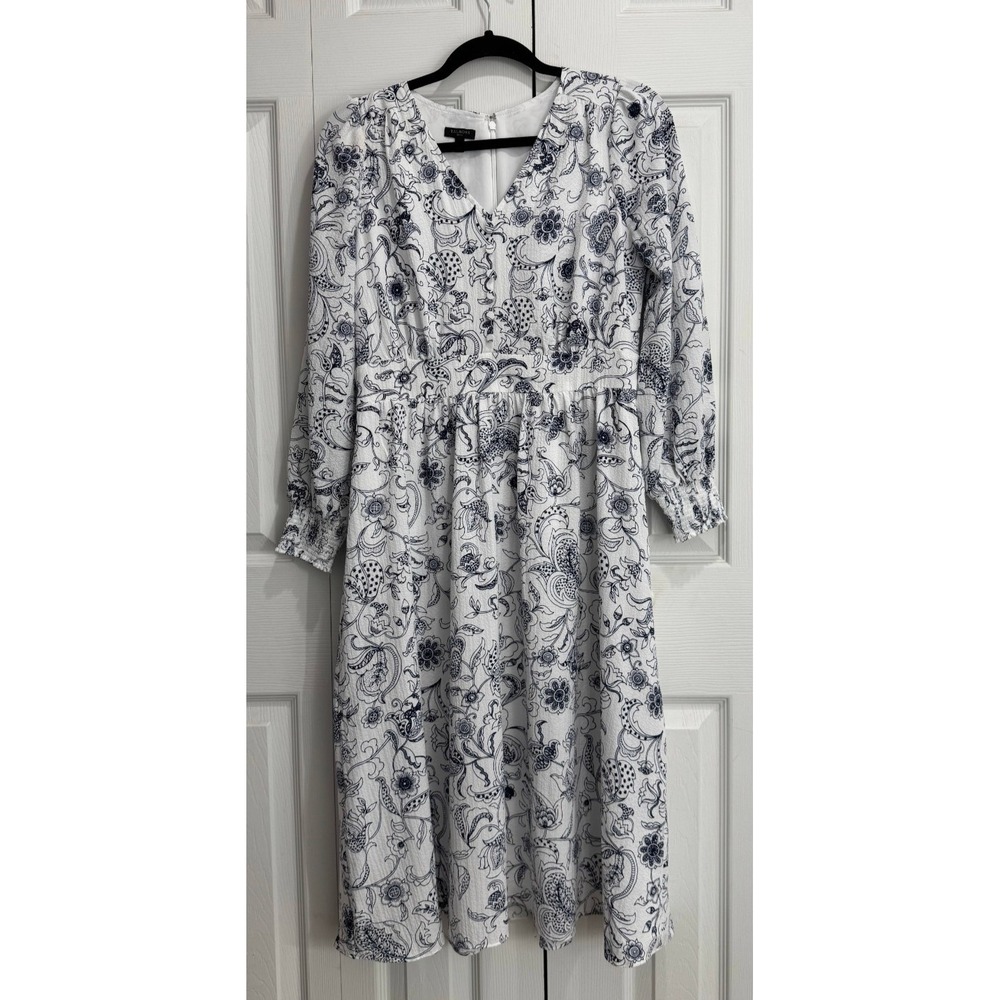 Talbots Smocked‎ Fit & Flare Dress Women's Petite 6 White Midi Floral Pleated